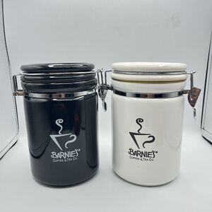 Barnie's Coffee & Tea Co. White Black Ceramic Canister Jar Set Of 2 - No Spoons